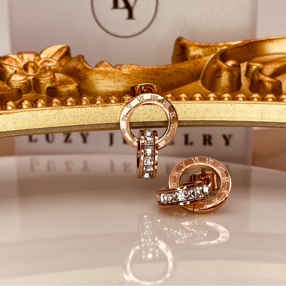 18K Rose Gold Titanium Steel Roman Numerals Circle CZ Stud Earrings - Picture 4 of 6